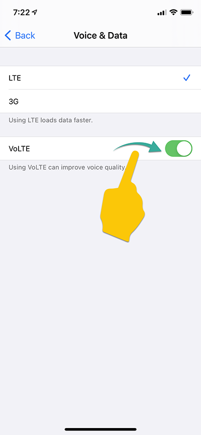 Swipe on and off step to enable VoLTE on Apple devices